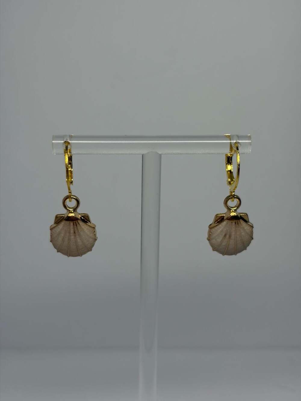 Stainless Steel Gold-Tone Leverback Dangle Earrings with Sand Colored Clam Shell